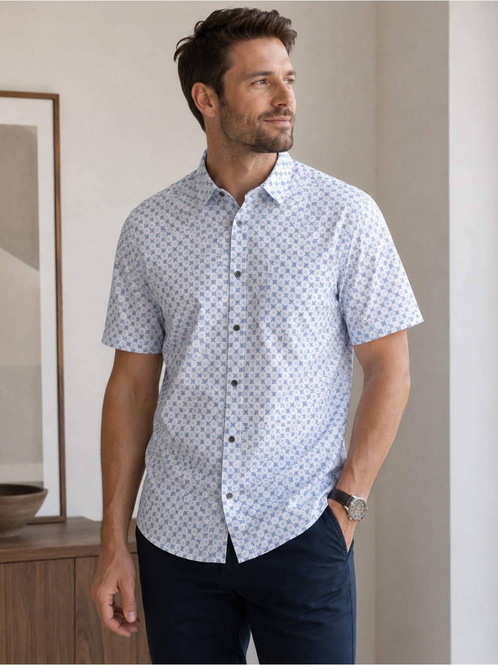 WRK Slim Fit White Button-Down Shirt with Blue Micro Print
